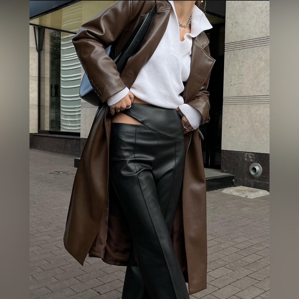 Faux Leather Coat with Pinched Pleats - Brown